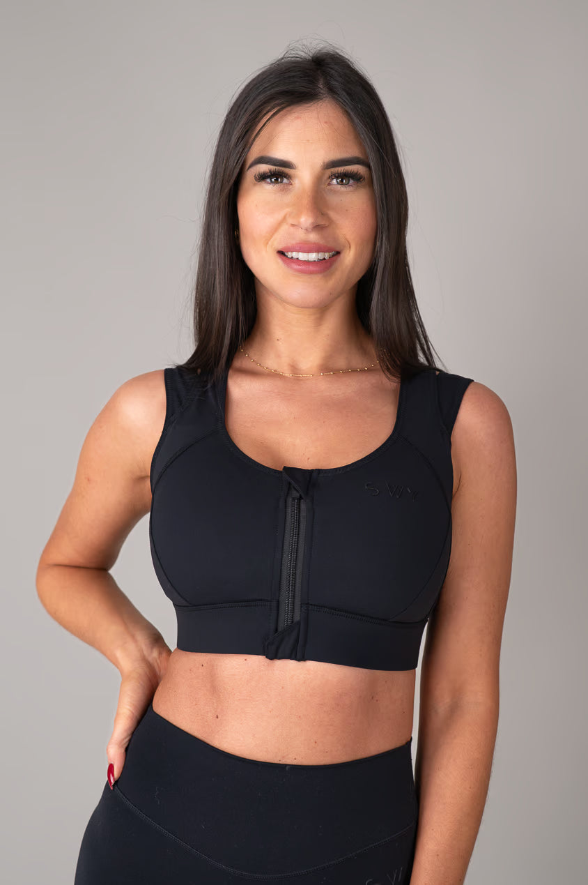 Black high support sports bra front view